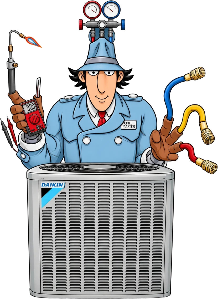 The Chill Master mascot: a cartoon HVAC technician in a light blue trench coat and hat with refrigerant gauges on top, holding a multimeter in one hand and red, yellow, and blue service hoses in the other, standing behind an outdoor air conditioning condenser unit